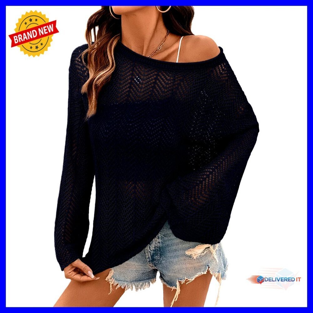 Crochet Hollow Out Bell Sleeve Sweater Beach Coverup Pullover Top Y2K